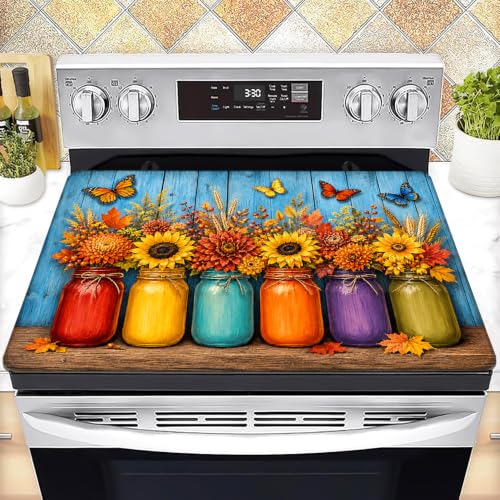 Image of Stove Top Cover for Electric Stove 28 inchx 20 inch, Fall Floral Mason Jar Garden With Butterflies Glass Top Stove Cover Protector, Glass Cooktop Covers, Kitchen Flat Electric Stove Top Covers