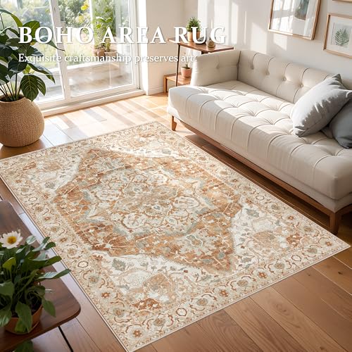 Deerly Vintage Area Rug 5x7 Boho Washable Large Living Room Bedroom Rugs Non Slip Low Pile 5x7 Rug for Kitchen Entryway Bedroom Dining Room Office, Caramel/Beige/Multi