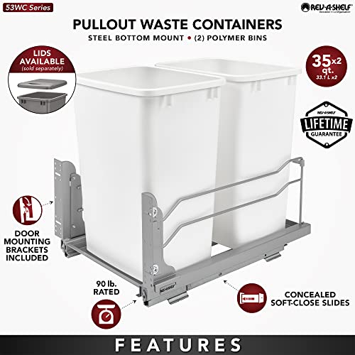 Rev-A-Shelf Double Pullout Trash Cans for Under Kitchen Cabinets 35 Quart 8.75 Gallon with Soft-Close Slides, Metallic Silver, 53WC-1835SCDM-217