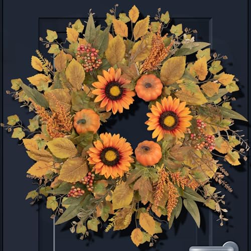 JDKPK Fall Wreaths for Front Door 24 Inch Sunflower Wreath, Artificial Eucalyptus Pumpkin Floral Autumn Wreath, Thanksgiving Harvest Home Decor for Porch Farmhouse Outdoor Indoor Hanging Decorations JDKPK Fall Wreaths for Front Door 24 Inch Sunflower Wreath, Artificial Eucalyptus Pumpkin Floral Autumn Wreath, Thanksgiving Harvest Home Decor for Porch Farmhouse Outdoor Indoor Hanging Decorations