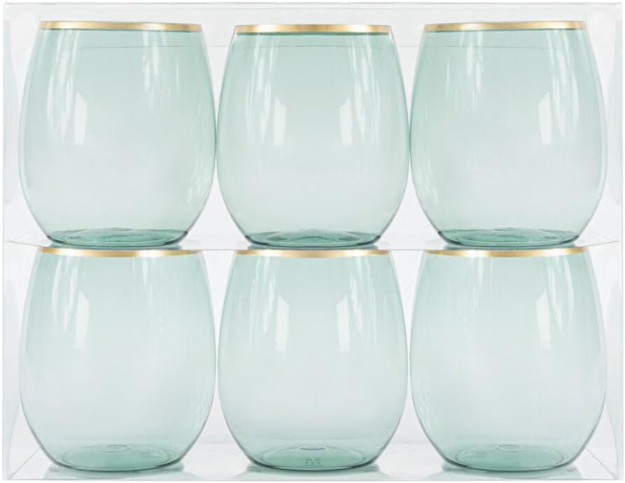 EcoQuality 12 oz Green Plastic Stemless Wine Glasses with Gold Rim, Disposable Unbreakable Shatterproof Elegant and Reusable Wine Tumbler for Partys, Weddings, Ideal for Indoor or Outdoor Events (12)