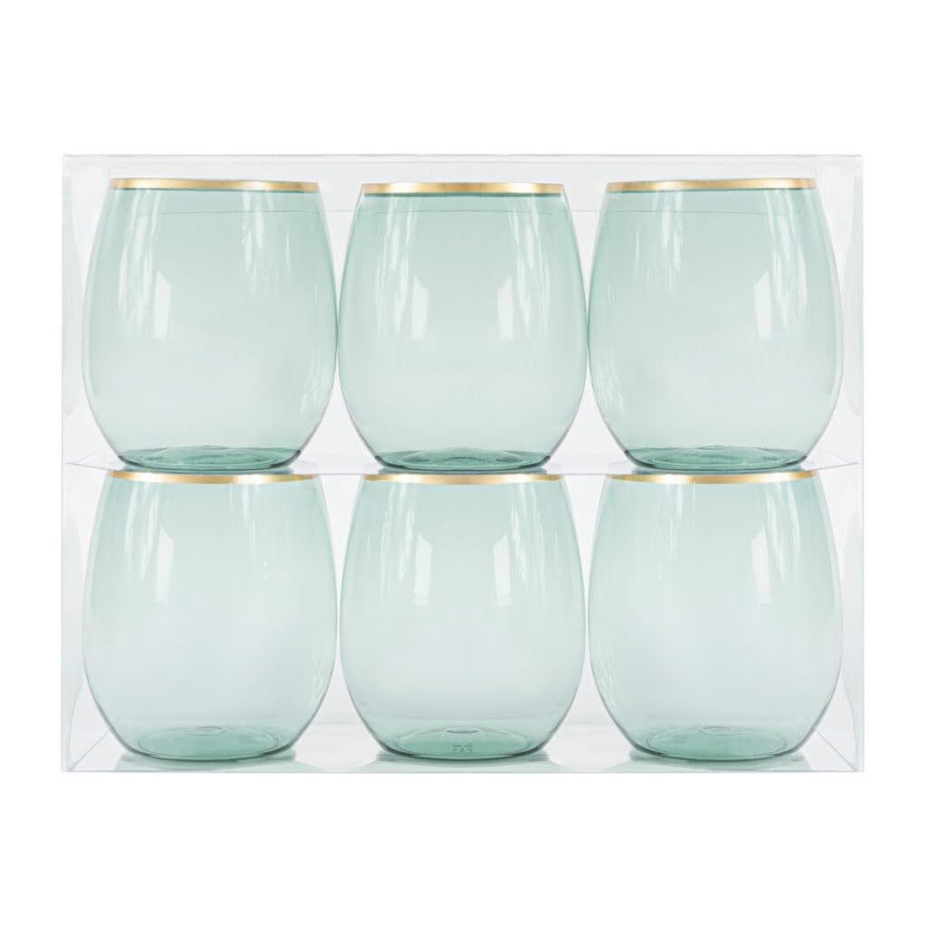 EcoQuality 12 oz Green Plastic Stemless Wine Glasses with Gold Rim, Disposable Unbreakable Shatterproof Elegant and Reusable Wine Tumbler for Partys, Weddings, Ideal for Indoor or Outdoor Events (12)