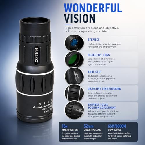 Image of Pullox 16x52 HD Monocular Telescope | Travel & Outdoor Moon Watching with a Small Tripod