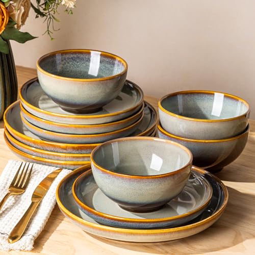 Image of TheTerra Ceramic Dinnerware Set for 4, 12-Piece Plates and Bowls Set