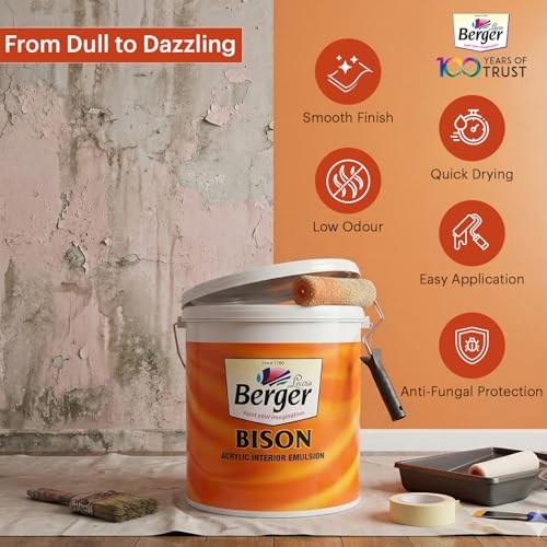 Image of BERGER Bison Interior Emulsion Paint for Walls and Ceilings with Anti-Fading Properties Acrylic Based Washable & Durable Rich Smooth Matt Finish (4Ltr, White)