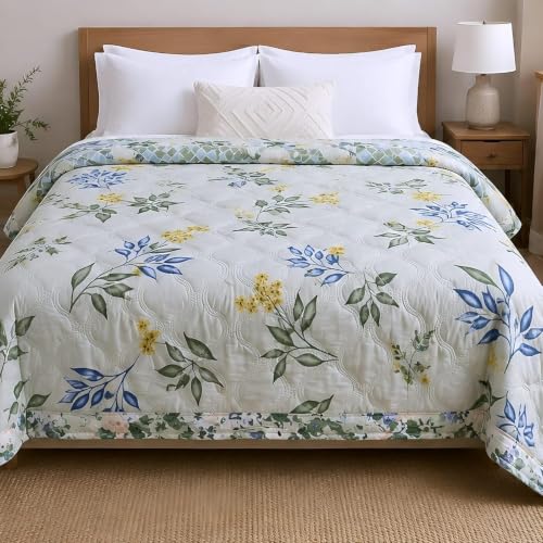 Image of Dohar Single | Double Bed Polycotton Blankets for Summer 90x100inch, 150GSM Ac Comforter and Cooling for Summer Classic Printed Design Quilt Ideal for Gifting (Green, Single)