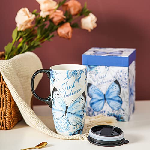 Topadorn Ceramic Mug with Lid and Gift Box Latte Mug Coffee Cup,17oz.Blue Butterfly, Medium - Image 2