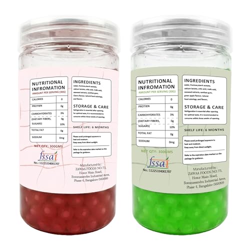 Image of ZAWAA 2 Popping Boba (Each 300gm) Total 600gm (Fruit Flavours), 2 Stainless Steel Straws (12mm), 1 Cleaning Brush, 1 Boba Scoop (Green Apple + Cherry)