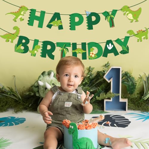 Image of Hooqict Dinosaur Happy Birthday Banner Birthday Party Decorations Dinosaur Party Banner Garland Sign for Kids Boys 1st 2nd 3rd Green Dino Themed Birthday Decorations Supplies