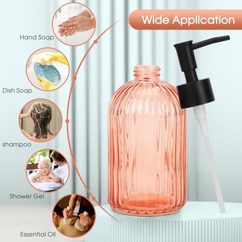 Topsky 2 Pack Glass Soap Dispenser with Black Plastic Pump, 400ml Liquid Hand Soap Dispenser, Rustproof Pump for Kitchen & Bathroom, Great for Lotions, Essential Oil, Liquid Soaps-Pinkish Orange by Topsky - Used condition - Image 4