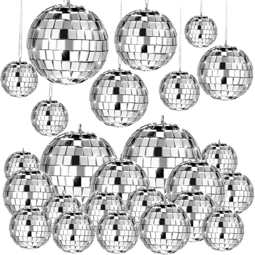 Mtlee 20 Pcs Disco Balls Decoration Mirror Disco Ball for Flies Assorted Hanging Mini Glass Different Sizes Reflective with Rope for Halloween DIY Wedding Music Prom Props