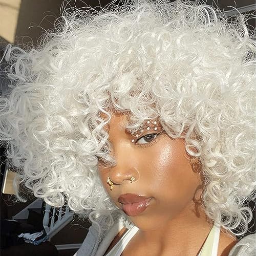 Colorfulpanda Short Curly Afro White Wigs with Fringe Puffy Afro Wig Kinky Culry Natural Synthetic Hair Wigs for Black Women Cosplay Halloween Party/Daily Wear