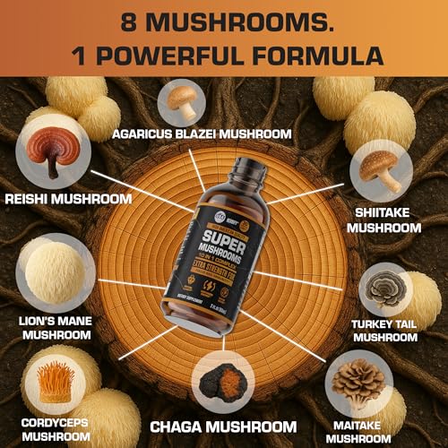 Image of Mushroom Supplement - Lions Mane Reishi Cordyceps Chaga Turkey Tail Inulin & More Mushrooms For Immune Support, Energy - Premium Nootropic Brain Supplements For Memory And Focus - Made in USA 2 FL Oz