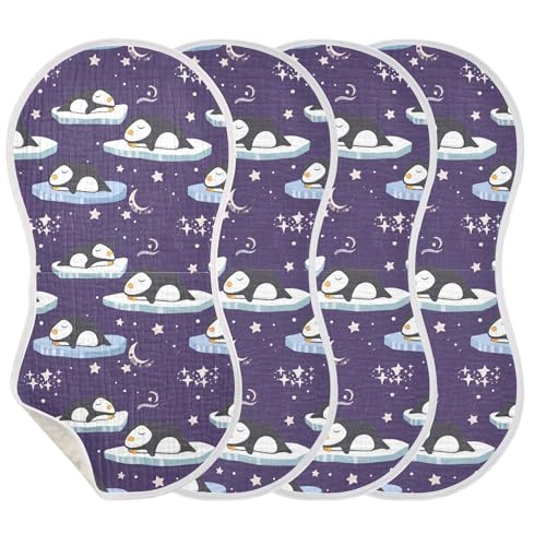 xigua Cute Sleeping Penguins Muslin Baby Burp Cloths Set of 4, Super Soft & Absorbent Burping Rags, Cotton Burp Clothes Shower Gift for Newborn, Baby Girls and Boys3