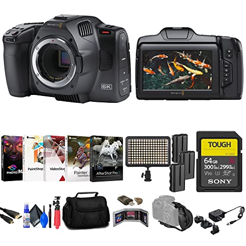 Blackmagic Design Pocket Cinema Camera 6K G2 (CINECAMPOCHDEF6K2) + 64GB SF-G Tough Card + 2 x NP-F550 Battery Pack + Bag + LED Light + Card Reader + Corel Photo Software + Flex Tripod + More