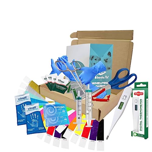 Alpha Dog 653 Puppy Kitten Whelping Kit Complete Birthing Set with Scissors Thermometer Gloves Alcohol Wipes Syringes ID Bands Mini Reusable Cord Care Clip & Whelping Guide Essential Welping