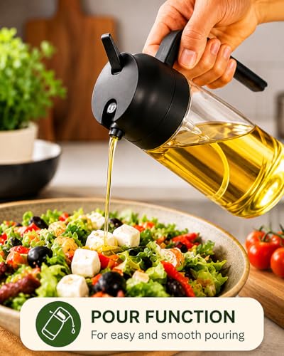 Image of Femora Glass Oil Sprayer and Dispenser Bottle, 500ml Capacity, 2-in-1 Design, Black Spray Bottle for Air Fryer, BBQ & Salad | Leak Proof Glass Bottle