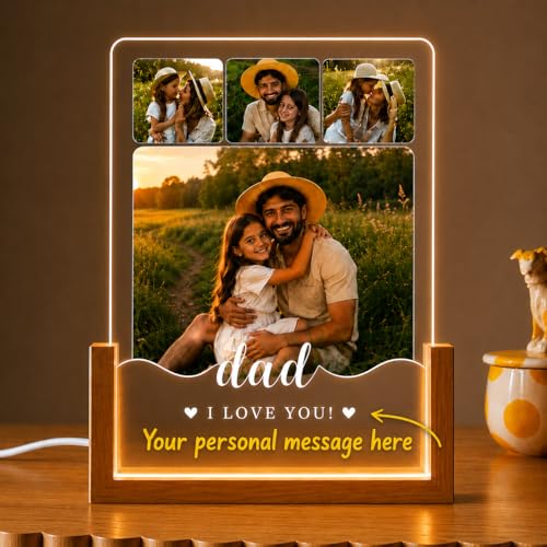 Image of Personalized Father's Day LED Table Lamp, Custom Dad Photo Collage Acrylic Night Light (dad lamp)