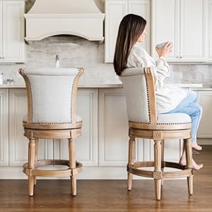 Maven Lane Pullman 26 Inch Tall Counter Height Upholstered Barstool with Back in Weathered Oak Finish with Sand Color Fabric Cushion Seat, Set of 3 Maven Lane Pullman 26 Inch Tall Counter Height Upholstered Barstool with Back in Weathered Oak Finish with Sand Color Fabric Cushion Seat Set of 3