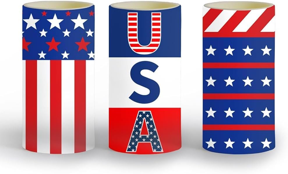 4th of July Candles,Patriotic Candles,Fourth of July Decorations,Battery Operated Pillar Candles with 18-Key Remote Timer Gifts for Independence Day Festival Table Decorations 3 Pack