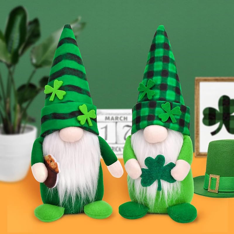 St Patricks Day Gnomes Decorations Gnomes Plush Lucky Green Shamrock Home Table Decor Ornaments for Irish(2-Pack,M)