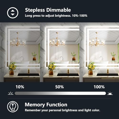 Image of 40x36 Inch LED Bathroom Mirror with Lights Front and Backlit Lighted Vanity Mirror for Bathroom Wall with 3 Colors Dimmable Anti-Fog Memory Shatter-Proof IP54 Waterproof Horizontal /Vertical