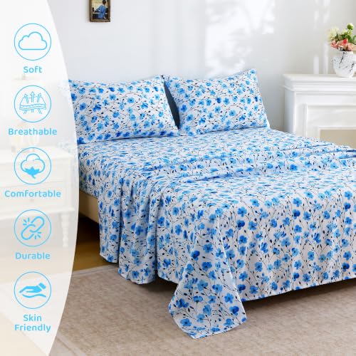 Image of Mooreeke Cozy Floral Blue Microfiber Printed Queen Sheet Set | Soft Breathable Gradient Blue Flower Sheets with Deep Pocket Non-Slip Fitted Floral Printed Queen Bedding for All Seasons