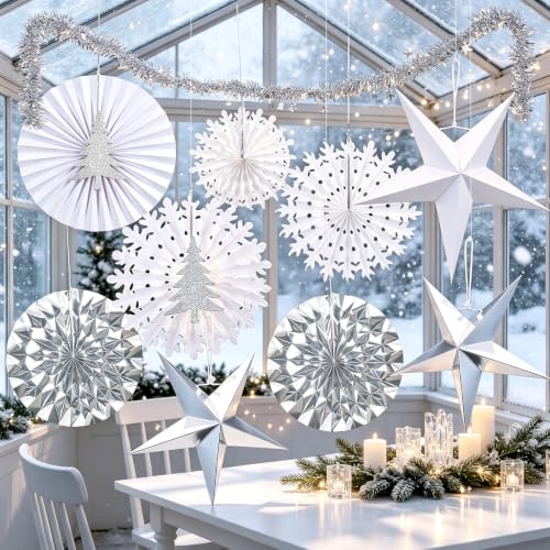 Christmas Snowflake Decorations, White Paper Snowflakes Hanging Decor, Winter Wonderland Snowflake Paper Fans, Silver Paper Stars, Tinsel Garland for Xmas Wall Backdrop Frozen Birthday Party Supplies