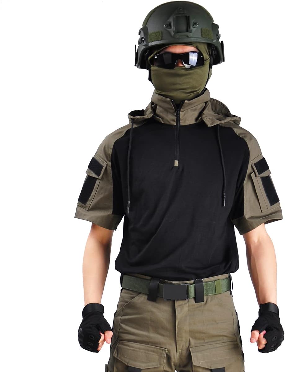 HAN·WILD Men's Combat Shirts Tactical Short Sleeve Shirt Cargo Military Airsoft T-Shirt with Hood Outdoor