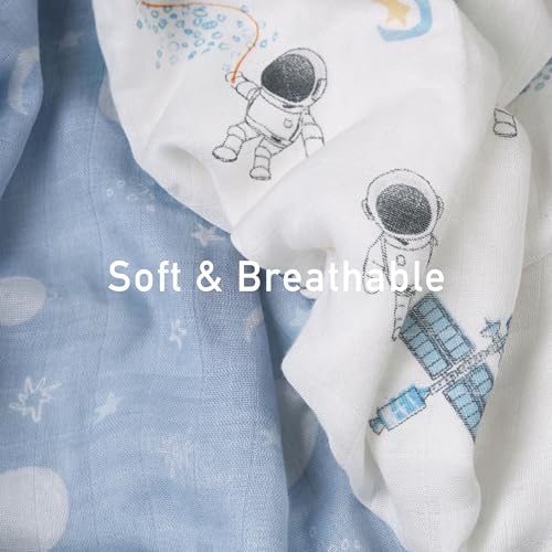 Image of GLLQUEN BABY Muslin Swaddle Blankets Breathable Receiving Blankets (35 inch x 40 inch) 2-Pack Soft Baby Blankets for Girls and Boys Newborn Essentials Muslin Burp Cloths Swaddle Wrap Baby Gift(Astronaut)
