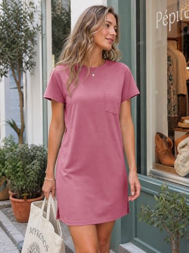 Image of Ladiyo Women T Shirt Dress Summer Fashion Mini Dress Crew Neck Short Sleeve Dress Solid Color Casual Dress with Pocket