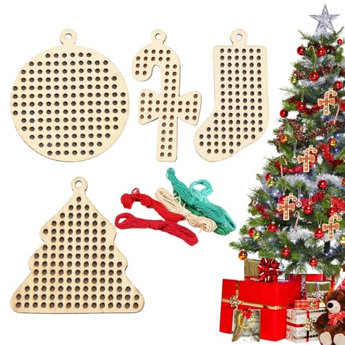 COMFOLIVING Costura, bordado, ornamento para árbol de Navidad, decoración colorida para pared, picaporte, ventana, repisa de chimenea, árbol, colgante de chip de madera para árbol de Navidad