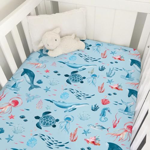 Image of Nautical Life Baby Crib Sheet 52''x28'' Ocean Sea Turtle Whale Jellyfish Sea Horse Weeds Fitted Crib Mattress Cover for Boy Girl Nursery Bed Sheets for Standard Crib and Toddler Mattress Blue