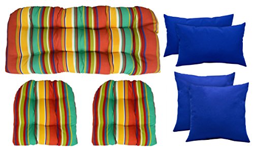 RSH Décor Indoor Outdoor Wicker & Pillow Set - Bright Colorful Stripe 3 Piece Wicker Set in 2 Sizes & 4 Bright Solid Pillows in Your Choice of Colors (Blue Pillows, 41