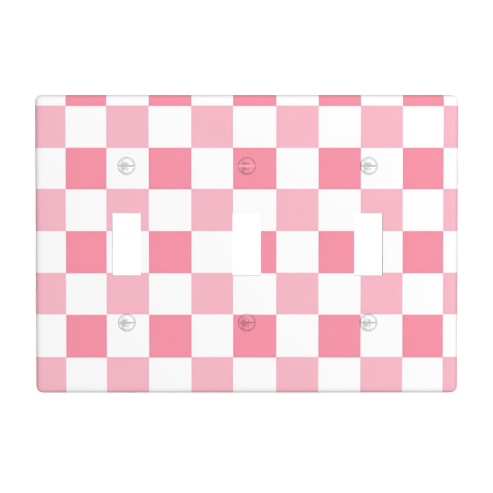 Woshuwo White Cartoon Style Pink Checkered Light Switch Covers 3 Gang Triple Toggle Wall Plate Switchplate Electrical Faceplate For Bathroom Kitchen Bedroom Decor