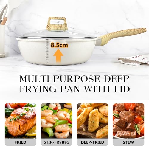 GiPP Nonstick Deep Frying Pan - 4.3L White Granite Saute Pan with Lid, Pour Spout and Stay-Cool Handle, Non Stick Skillet Non Toxic Cooking Pan Induction Cookware, PFOA Free (White, 28cm) - Image 5