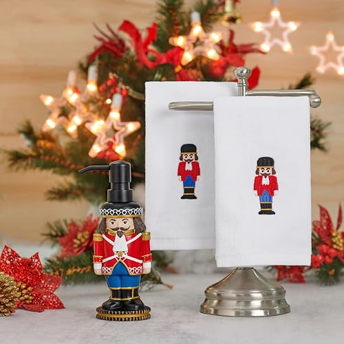 Indecor Home 3-Piece Bathroom Accessory Set | Christmas Decor | Resin Soap Pump | 2 Cotton Embroidered Hand Towels | Box Set | Great Gift | for Bathroom, Kitchen, Any Countertop | (Nutcracker)