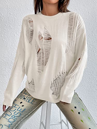 Image of GORGLITTER Women's Gothic Top Distressed Sweater Ripped Drop Shoulder Sweater Long Sleeve Round Neck Pullovers Top