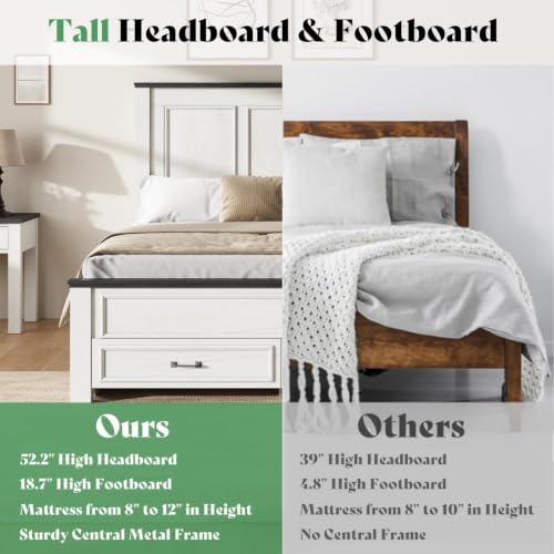 Image of AMERLIFE 52.2 inch Full Size Farmhouse Bed Frame with Headboard, Rustic White