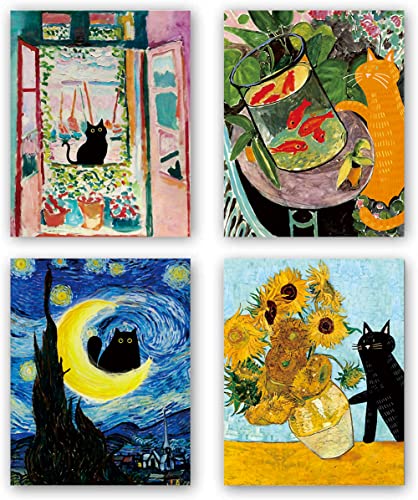 Xla Funny Cat Wall Art Prints,Vincent Van Gogh Cat's Sunflower Paintings Art Posters And Matisse Goldfish Wall Art Prints, Aesthetic Posters For Living Room Wall Decor,Set Of 4 Unframed Cat Posters #TOP5