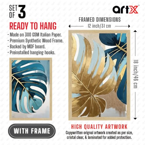 Image of ArtX Paper Leaf Paintings For Wall Decoration, Home Decor Wall Art, Hotel Wall Painting for Living Room, Multicolor, Natural Wood Color Frames, 12x18 inch, Set of 3