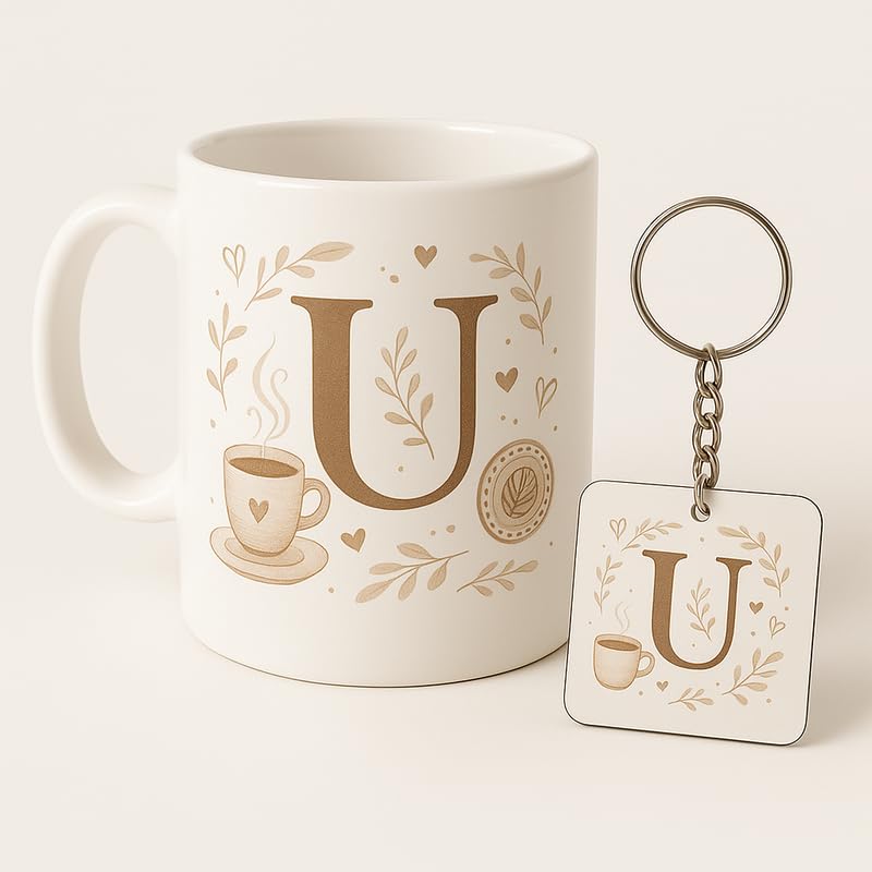Image of Letter U Mug and Keychain Set - Elegant Floral Monogram Gift for Her /Him - Coffee Cup and Key Ring with Initial U - Coffee Mug for Everyone Any Occasion 4646 21