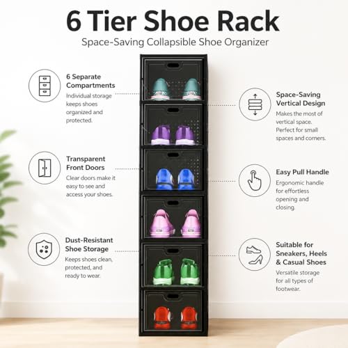 Image of Sulfar 6 Tier Shoe Rack Collapsible Shoe Organiser with Door - Foldable Sneaker Crates Footwear Organiser for Men, Women, Heels, Boots, Loafers, Sneakers, Slippers (Black)