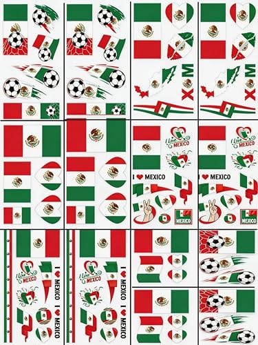 80PCS 2026 World Cup Stickers Temporary Tattoos 14Pack Mexico Soccer Theme Stickers Non-Repeating World Cup Mexico Team Fans Soccer Sports Party Favors Decorations
