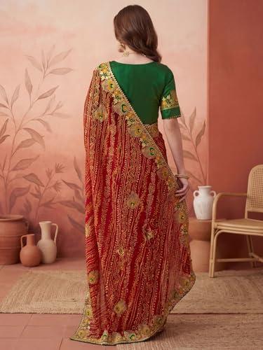 Image of SIRIL Women's Bandhani Printed Embroidery Georgette Saree with Unstitched Blouse Piece
