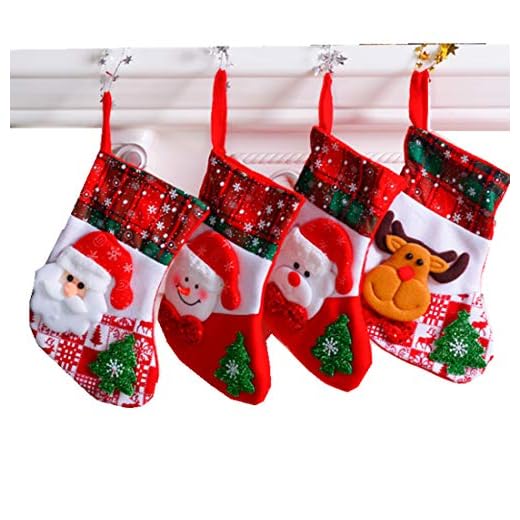 Freessom Lot de 4 Botte de Noël Suspendue Bas Chaussettes Décoration Sapin Cheminee Bonbon Sac Biscuit Arbre Bonhomme Pere Enfant Cadeaux Rouge Blanc