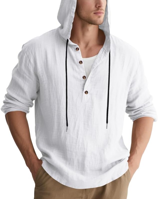 Mens Cotton Linen Hoodies Long Sleeve Button Down Shirts Casual Hawaiian Beach Yoga Sweatshirts - Image 3