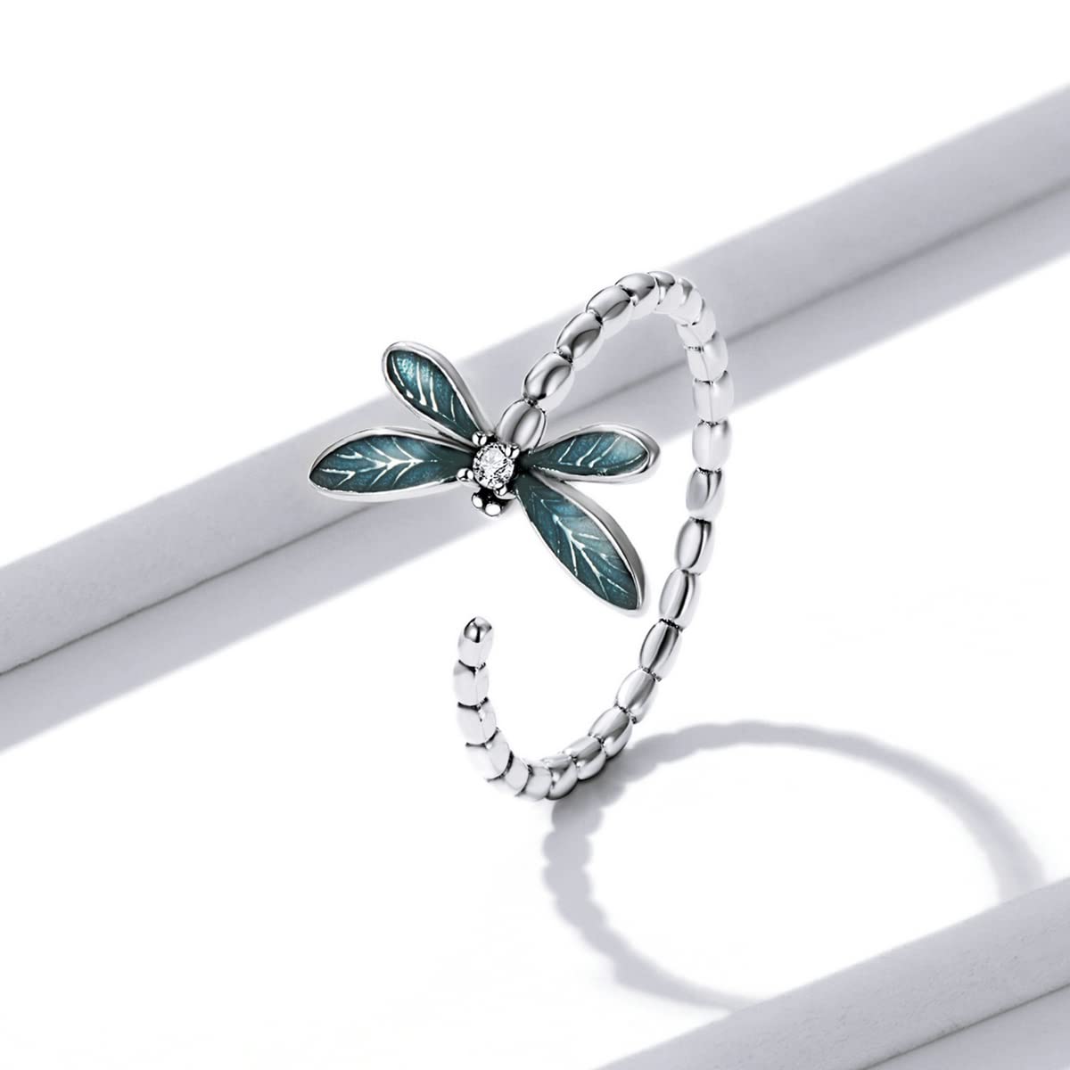 NewL Anillo ajustable de libélula de plata de ley 925, anillo abierto de animales, bonito anillo de libélula para mujeres, adolescentes y niñas, Plata de ley