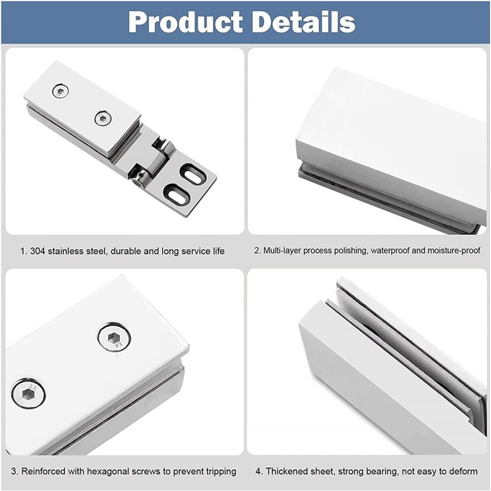 1 paquete de bisagras puerta vidrio acero inoxidable 304, barra larga plateada brillante, clip baño unidireccional 90 °, ducha con abatible 8-12 mm