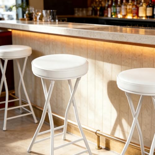 Image of Folding Bar Stool,24 Inch Tall Foldable Stool Chair,Counter Height Cushioned Leather Padded Portable Stools,Heavy Duty Collapsible Stools for Kitchen Island Garden Camping White